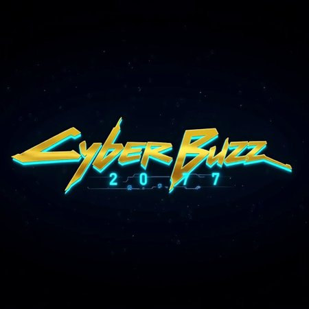 Cyberpunk typeface golden text "CyberBuzz" with cyan afterglow, A dark night sky in the background