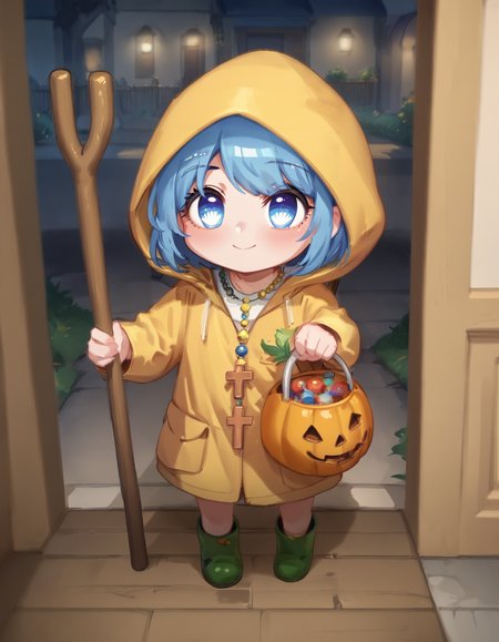 score_9, score_8_up, score_7_up, score_6_up, score_5_up, score_4_up, anime screencap, 
luce, <lora:luce-PD-1.0:0>, chibi, lucexlp, 1girl, solo, short hair, blue eyes, blue hair, <lora:Expressive_H:0.8>, Expressiveh, yellow raincoat, 
<lora:Trick_or_treat:0.7>, 
long sleeves, jewelry, blue hair, hood, necklace, holding staff, green footwear, rubber boots, tr1ck0rtr3at, holding, halloween bucket, doorway, street background, <lora:lucexlp:0.8>