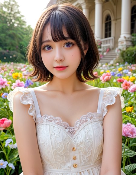 score_9, score_8_up, score_7_up, (masterpiece, best quality), 16k, (realisticphoto, hyperrealism), absurdres, Ultra detailed depiction, 
(best shadow), ((Realistic skin texture)), (perfect anatomy, perfect hand), (cinematic lighting, detailed background), 
(1girl, Ulzzang, cute idol), (freckles:0.6), Straight medium hair, straight bangs, Funny, Dress with fine lace decoration,
A flower-filled garden, Lots of flowers delicate flowers, mysterious old mansion behind,
 soft twilight, magical atmosphere, serene expression
Aerial perspective, blurred background, particle lights 
kissmilk<lora:kissmilk_v12-10:0.7>