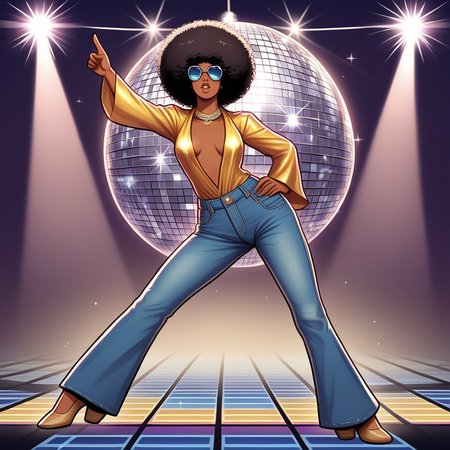 score_9, score_8_up, score_7_up, score_6_up, score_5_up, score_4_up, zPDXL2,source_anime,rating_questionable,  <lora:Disco:0.8> d1sco, solo, pointing, sunglasses, jewelry, disco ball, pointing upwards, posing, disco floor, flared jeans, dark skin, afro, 80.8's plunging neckline