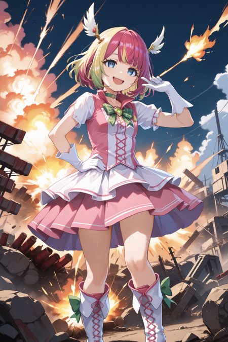 score_max, (score_9, score_8_up, score_7_up:1.2), score_6_up, official art, source_anime,
, masterpiece, absurdres, high detail, 8k,
explosion, sparks, wasteland,
standing, arm up,  hand on hips, smile, open mouth,
avarin, multicolored hair, magica2019, wing hair ornament, choker, pink dress, bowtie, brooch, green bow, short sleeves, frills, white gloves, pink skirt, pleated skirt, white boots, heels
<lora:XL_Pony_MGCM-avaritia-t2:1.0>