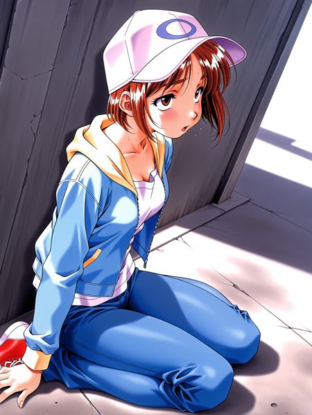 masterpiece,best quality,newest,
1girl,solo,
1990s \(style\),<lora:yamamoto_rurika_ilxl_v1.0:1>,y_ruruka,short hair,brown hair,brown eyes,
baseball cap,denim,jacket,pants,jeans,long sleeves,<lora:Fixhands_anime_bdsqlsz_V1:1>,light_blush,white_background,simple_background,dynamic_angle,sweat,rolling_eyes,half-closed eyes,gasping,(faint,knocked out,passed out,),wariza,lawn,in summer,sunlight,heat haze,city,looking_up,cinematic_angle,dutch angle,