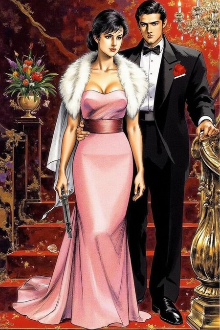 1keryo illustration. 
A sophisticated woman and man in an opulent, ornate setting, standing on a staircase. The woman, positioned in the foreground, is dressed in a luxurious, form-fitting, light pink gown with a flowing, satin-like texture. She wears a white fur stole draped elegantly over her shoulders, which catches the light, giving it a soft, luminous quality. <lora:1keryo1_cap_d6a3e12:1.0><lora:826558205766366354:0>
