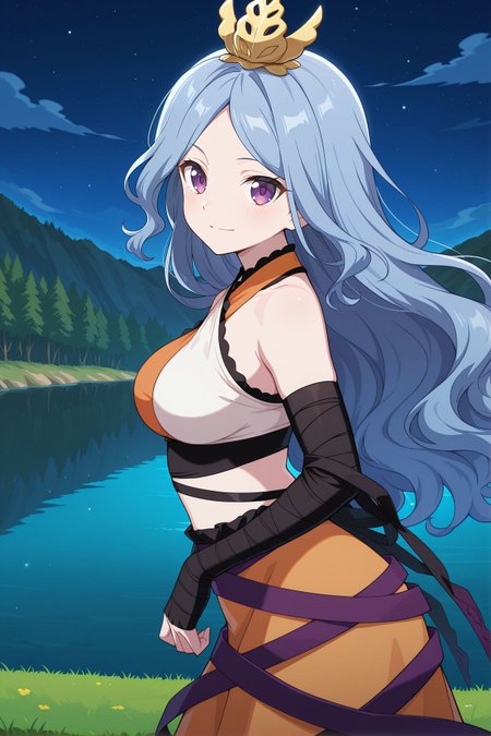 absurdres, highres, masterpiece, best quality, amazing quality, official anime artwork, screencap, anime screencap, outdoors, looking at viewer, light smile, dynamic pose, 
 <lora:Ubame-Chirizuka_Illustrious:1> chirizuka ubame, 1girl, solo, purple eyes, blue hair, long hair, wavy hair,, gold crown, bare shoulders, multicolored crop top, sleeveless shirt, black arm wrap, black ribbon, orange skirt, purple ribbon,
from the side, night, lake,