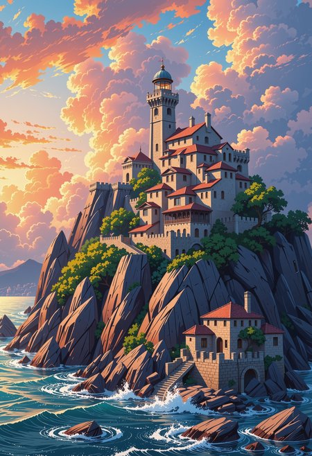 Perched atop a small, rocky island in the midst of a turbulent sea, a fantasy-style Mediterranean castle rises like a dream carved in stone, its form both majestic and otherworldly. The island, a jagged outcrop of dark grey rock, is surrounded by smaller islets, The city itself is a labyrinth of light grey and white stone structures, their walls gleaming in the sunlight and their bright red shingled roofs creating a striking contrast against the cool tones of the sea and sky. The buildings are stacked and layered, climbing the island's steep plateaus and cliffs as if defying gravity, their forms blending seamlessly with the natural contours of the rock. The city's architecture is a harmonious blend of practicality and fantasy, with narrow, winding streets and staircases carved into the stone, connecting the various levels of the city. Houses, shops, and public buildings cling to the cliffs, their balconies and terraces overlooking the wild sea below. City walls, fortified and imposing, wind their way through the city, their surfaces adorned with intricate carvings and patterns that speak of a rich cultural heritage. At the very top of the island, rising above the clouds, is a colossal tower, its form both elegant and formidable. The tower, styled like a lighthouse but on a grander scale, is the centerpiece of a complex of attached buildings that form a single, unified structure. The tower's light, a beacon of hope and guidance, pierces through the mist and clouds, its glow casting a warm, golden light over the city. The buildings surrounding the tower are adorned with arches, columns, and domes, their designs intricate and awe-inspiring. The sea around the island is wild and untamed, its waves crashing against the rocks with a ferocity. The water is a deep, vibrant blue, its surface churned into frothy white peaks by the wind. The sky and clouds above are ablaze with a beautiful sunset, with patches of sunlight breaking through the clouds, casting a soft, golden glow over the scene. The island itself is a patchwork of rock and greenery, with a few hardy trees and lush green bushes clinging to life in the harsh environment. Their vibrant green leaves provide a stark contrast to the cool tones of the stone and sea, The overall color composition is a harmonious blend of light greys, whites, bright reds, deep blues, and vibrant greens, The absence of people only enhances the sense of tranquility and wonder, a hidden gem waiting to be discovered by those who seek the extraordinary. The scene is a beacon of light and beauty, a place where the boundaries between the real and the imagined blur, and where the impossible becomes possible. (There are no visible people anywhere!:1.2), A deep mysterious fog envelops the landscape, adding depth and atmosphere to the composition, ultra-detailed, hyper-detailed, ambient lighting, (masterpiece), (Amazing quality), (phenomenal aesthetic), cinematic moment, 8K<lora:FLUX_Ghibsky_Illustrations.safetensors:0.8:1.0>