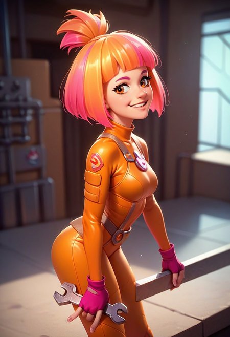 score_9, score_8_up, score_7_up, 1girl, solo, s1mk4, orange hair, topknot, bob cut, orange eyes, bodysuit, fingerless glowes, orange bodysuit, pink hair, multicolored hair, big wrench, smile, factory,
