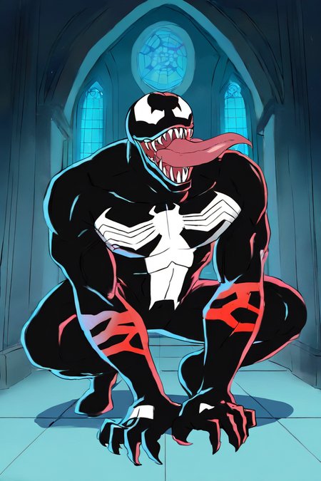 masterpiece, best quality, highres, newest, venom, 1boy, solo, male focus, muscular male, monster boy, symbiote, spider print, bodysuit, black bodysuit, slit pupils, open mouth, teeth, sharp teeth, tongue, tongue out, looking at viewer, squatting, full body, indoors, church <lora:Venom (Eddie Brock) Spider-Man TAS v1.2 [LoRA] - NoobAI-XL EPS 1.0:0.8>