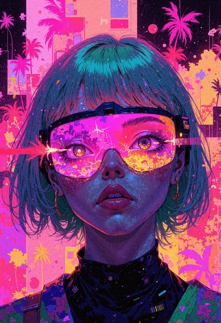 masterpiece, high-quality, visionary vaporwave collage, The camera zooms tightly on the reflective, crystalline visor of an androgynous traveler, revealing neon-tinted fractals that unfold within their gaze. Short, pastel-green hair frames their face, the strands outlined by bold magenta and turquoise lighting. Ghostly palm trees and retro computer grids overlap in semi-transparent layers behind them, creating an abstract dreamscape of glitchy pinks and purples. Faint audio visualizer bars pulse across the visorâs surface, suggesting a hypnotic synthwave beat. The hyperdetailed layering of vibrant colors, pixel artifacts, and hazy palm silhouettes evokes a sense of electronic transcendence and retro-futuristic wonder, <lora:FLUX\Anime v1.3:0.5> <lora:FLUX\FLUX-daubrez-DB4RZ:0.3> <lora:FLUX\VividlySurrealOrigin:0.6>