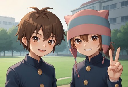 score_9, score_8_up, score_7_up, source_anime, highly detailed, 2boys,
matsuno, 1boy, male focus, brown hair, ponytail black eyes, hat, animal hat, BREAK
handa, 1boy, male focus, brown hair, hair between eyes, brown eyes,  BREAK
school uniform, gakuran, jacket, blue jacket, long sleeves, buttons, pants, blue pants, upper body, smile, 
outdoor, looking at viewer, v sign,