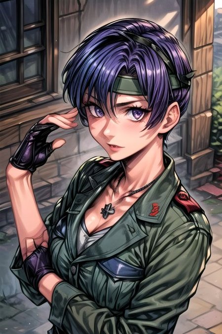 FerrisGuerilla, 1girl, solo, short hair, blue eyes, fingerless gloves, cleavage, jewelry, blue hair, purple eyes, necklace, military uniform, headband,