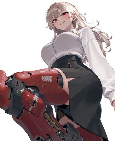 <lora:yuyu:1> yuyu,
(masterpiece), (best quality), (ultra-detailed), amazing quality, very aesthetic, illustration, perfect composition, intricate details, absurdres, incredibly absurdres, shiny skin, realistic,
 yuyu, 1girl, solo, long hair, breasts, red eyes, looking at viewer, smile, from below, mechanical legs, earrings, white background, shirt, simple background, jewelry, long sleeves, white shirt, parted lips, large breasts, stud earrings, blush, blonde hair, prosthetic leg, skirt, sensitive