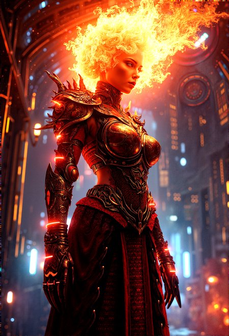 3DMM, photorealistic image of a warrior queen with fire-infused scale armor, her hair blazing like a crown, in a digital fortress with intricate circuit patterns and neon lights, combining elements of fantasy and futuristic technology, glowing circuitry and fire reflections, ultra-detailed textures, dramatic lighting, next-gen graphics, high-definition, complex composition, cinematic
 



 














