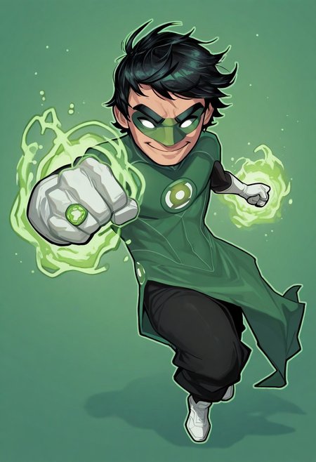 masterpiece, absurdres, high quality, perfect anatomy, 1boy, solo, cute boy, male focus, TaiPham, Black Hair, Green Lantern Ring, Green Lantern Costume, Green and Black Bodysuit, Green Domino Mask, White Eyes, White Gloves, Pelvic Curtain, Black Pants, White Shoes, Glowing Green Outline, Green Energy Aura, floating, levitating, big smile, cinematic, intricately detailed illustration, depth of field, masterpiece, best quality, amazing quality, very aesthetic, absurdres, newest, very awa,  shadow, dynamic angle, casual cosplay, dynamic pose, simple background, green theme, Arwe, Dynamism, Foreshortening