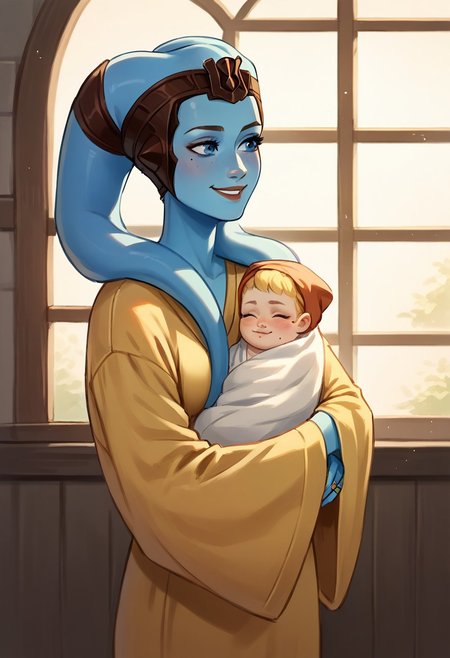 Score_9, Score_8_up, Score_7_up, rating_safe, Score_6_up, 1girl, solo, twilek, missionvao, girl blue skin, girl blue eyes, girl tired smile, girl lekku, with baby on her arms, baby carry, swaddled, baby human, baby blonde, girl yellow dress with wide sleeves and pattern, big window in background, girl chin mole, girl one chin birthmark, girl one birthmark on chin, one wedding ring