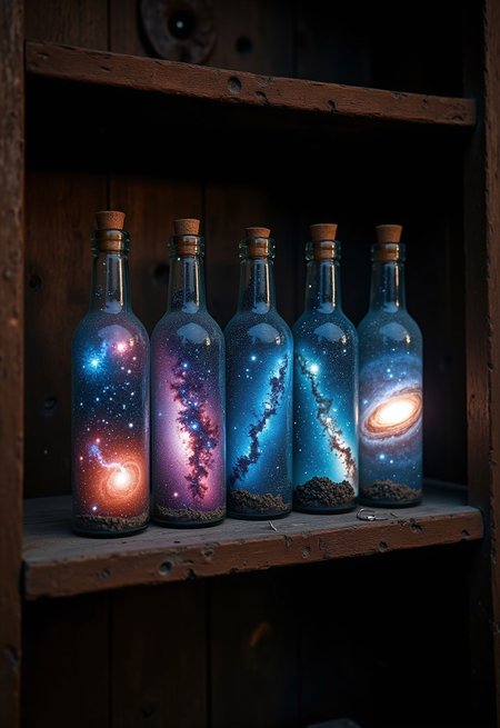 aidmaimageupgrader, a high quality digital image of a series of old and dusty bottles sit on an old wooden shelf within a dark long forgotten dusty old room. Each bottle is completely filled with a different intricately detailed galaxy, each galaxy is bright and vivid and we see a variety of stars, nebulae and galactic dust. born of science
