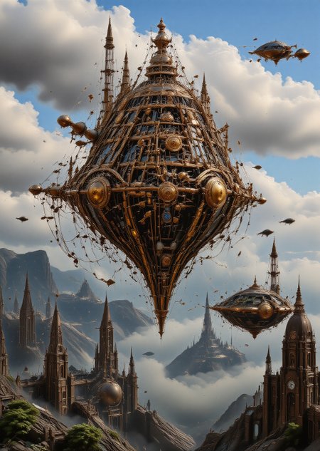 Colossal steampunk airship, ornate brass and copper detailing, sails billowing, hovers majestically above a sprawling Victorian-era cityscape. Intricate gears and pistons visible through translucent panels. Propellers whir, emitting wisps of steam. Crew members in elaborate goggles and top hats tend to gleaming machinery on the deck. Zeppelin-like envelope adorned with elaborate filigree patterns. City below shrouded in mist, clocktowers and chimneys pierce the fog. Golden sunlight glints off polished surfaces. Floating islands with hanging gardens drift nearby. Smaller vessels buzz around like mechanical insects. Hyper-detailed, 8K resolution, photorealistic rendering, atmospheric lighting, cinematic composition, <lora:moxiePunk_v20.safetensors:0.8:0.8> <lora:Sinfully_Stylish_.02_for_FLUX-000002.safetensors:0.8:0.8> <lora:flux.1_lora_flyway_Epic-detail_v2.safetensors:0.8:0.8>