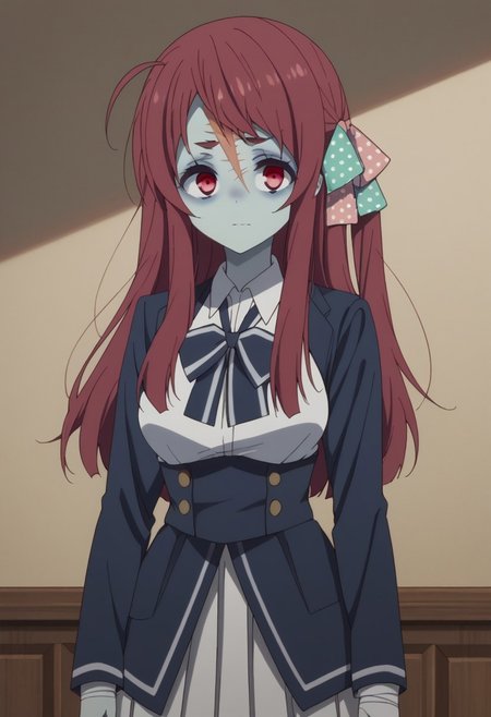 score_9, score_8_up, score_7_up, source_anime, highly detailed, 
sakuraminamoto, 1girl, scar on forehead, bandages, solo, red eyes, red hair, scar, polka dot,
school uniform, scar on face, long hair, bow, upper body, skirt, colored skin,
underbust, polka dot bow, blue skin, hair bow, 
ahoge, pleated skirt, white skirt, ribbon, standing, zombie costume,