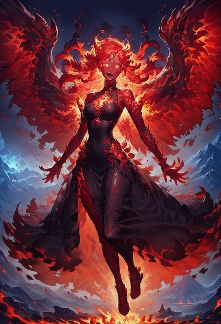 score_9, score_8_up, score_7_up, dress, woman, solo, glowing eyes, outdoors, mountain, fire, wings, long hair, open mouth, glowing, black dress, fiery hair, floating hair, looking at viewer, molten rock, full body, red hair, sky, sleeveless dress, sleeveless, glowing hair, bare shoulders, night, colored skin, personification, blank eyes, flying, highly detailed, intricate, zzCitronCAT, cowboy shot, explicit, revealing, sexy, see-through