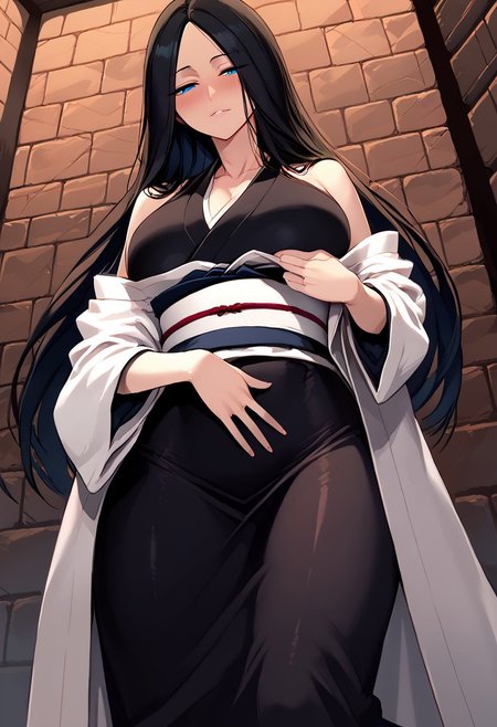 score_9, score_8_up, score_7_up, score_9, score_8_up, score_7_up,Masterpiece,HD,(((HD quality))), (((ultra quality))), hyper ultra detailed, hyper ultra quality,solo,mature female,
<lora:StS_PonyXL_Detail_Slider_v1.4_iteration_3:3>,
Background dungeon, bricks, filth on the walls, anime font,from below, looking at the viewer,indoors,
1girl, detailed, perfect arms, perfect face, perfect hands,alone ,blushed, very blushed,
BREAK
breasts perky,curvy, waist, slim,  perfect anatomy, height, tall,perfect body, 
BREAK
unohana_tybw, blue eyes, very long hair, straight hair, black hair, narrowed eyes, half-closed eyes, black kimono dress, white coat, white obi,
BREAK