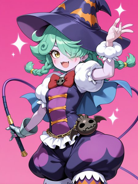 1girl, abyss actor - leading lady, purple skin, skull hair ornament, purple witch hat, red bow, purple dress, purple bloomers, single glove, bat bag, single legwear, single wrist cuff, bat earrings, blue cape, holding whip, whip, pink background, open mouth, smile,
masterpiece,best quality,amazing quality,very aesthetic,absurdres,newest,<lora:Abyss Actor - Leading Lady illusXL v1.2:0.72>,