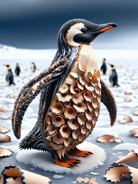 An ais-pencilshavings penguin, stood on the frozen tundra,  dynamic, cinematic, masterpiece, intricate, hdr.  <lora:Pencil_Shavings_Style_SDXL:1>