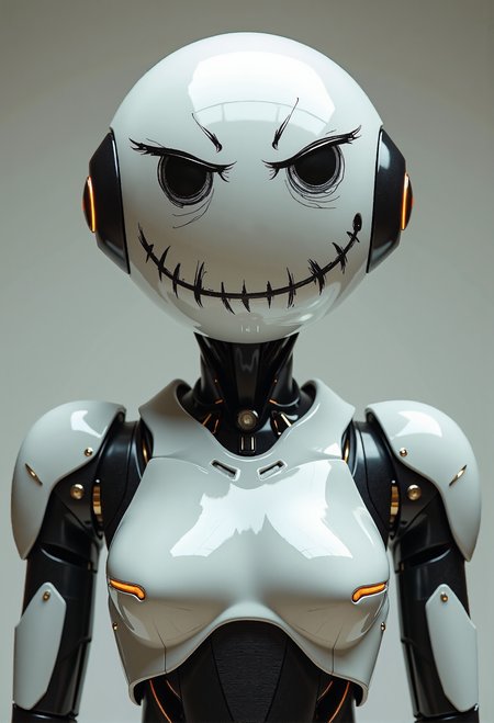 A sleek, futuristic robot with a roughly painted angry smiley face in place of its head. The robot features smooth metallic surfaces, glowing accents, and a modern, minimalist design, while the hand-drawn, aggressive smiley face contrasts with its high-tech body.