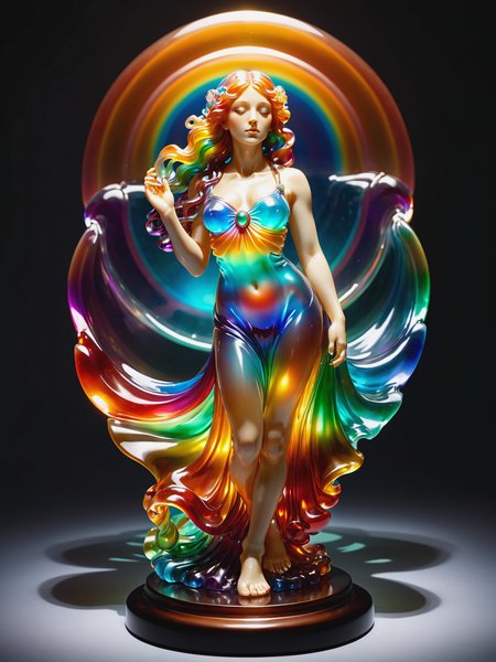 statue of a woman in the style of alphonse_mucha, rainbow colors, floating hair, spotlight,   <lora:JellyStyle:0.8>, (masterpiece:1.2), best quality