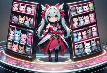 best quality, high resolution, a display stand for a magical girl with details of cute pets