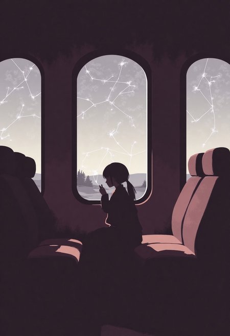 A quiet train carriage with all its seats reversed — they point toward the windows instead of forward. Outside, the landscape moves too slowly, like a looped film strip. On each window, faint chalk lines trace constellations, evolving with the motion. A lone girl draws impossible shapes in the condensation. The color scheme flows from muted plum to icy gray, with precise lighting that mimics vintage film. ArsMJStyle, Minimalist Vector Art, heart-shaped, tiny, soft, warm