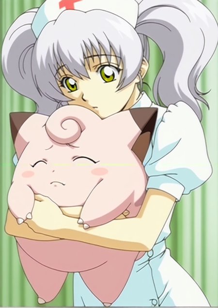 masterpiece,best quality,amazing quality,<lora:Nogami_Illustrious_from_Night_Shift_Nurse:1>,nogami,solo,1girl,yellow eyes,grey hair,puffy sleeves,meme,close-up,green eyes,twintails,anime screencap,anime coloring,nurse dress,cowboy_shot,hospital,2000s style,(Clefairy:1.3),cute,hugging,