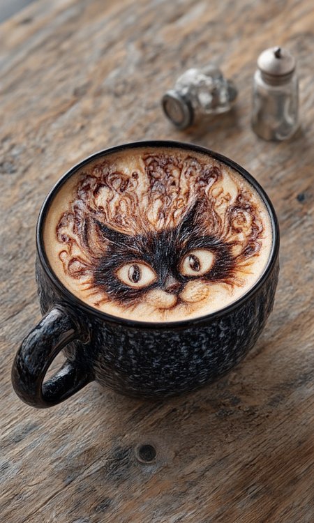 high-resolution photograph featuring a meticulously crafted latte art design on a large, black ceramic mug. The latte art depicts a whimsical and detailed illustration of a black cat's face with large, expressive eyes, surrounded by intricate, swirling patterns that resemble smoke or ink. The cat's eyes are particularly striking, with a hypnotic gaze that adds to the surreal quality of the image. The mug itself is decorated with a textured, speckled design, enhancing its rustic charm. The background is a wooden table with a rustic, weathered texture, adding to the cozy, vintage aesthetic of the setting. To the right of the mug, there are two small, metallic salt and pepper shakers, adding a touch of modern contrast to the rustic elements. The overall color palette is warm, with earthy tones from the wood and the latte's creamy surface, complemented by the dark, almost midnight blue of the mug. The lighting is soft, likely natural, casting gentle shadows that enhance the texture and depth of the image. The photograph captures a moment of artistic creativity and cozy comfort, blending the practicality of a beverage with the imaginative flair of latte art., aidmaimageupgrader, aidmamj6.1,
