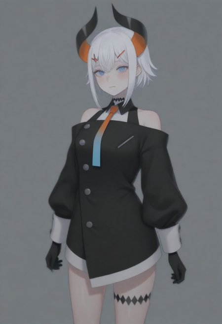 masterpiece, best quality, amazing quality,,, shiny skin,,,,,,,,nijilevi,,blue eyes,white hair,horn,pail skin,short hair,hairclip,nijilevicos,collared shirt,bare shoulder,gradient necktie,puffy long sleeves,white cuffs,black gloves,single thigh strap,