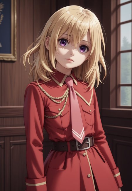 safe_pos, score_9, score_8_up, score_7_up, ((( highly detailed, masterpiece, perfect, detailed, hd)))
,
((Jilcermb, blonde hair, medium hair, purple eyes ))
,
((( 1girl, solo, posing for viewer, head tilt)))
,
((( Standing, looking on viewer, )))
,
((( uniform, military uniform, red uniform, necktie, pink necktie, belt, pantyhose, black pantyhose, skirt, hair between eyes ))) 
,
((( Best view, 3/4 body view)))
,
(( indoors ))
,
((( )))
,
()