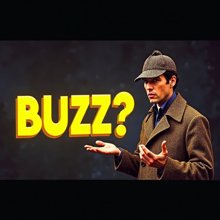 This is a VHS movie title card with a retro aesthetic, likely from the 1980s or early 1990s. The title of the movie is "BUZZ?" in stylized yellow neon cartoon text. VHS scanlines are visible along with JPEG artifacts. The background of the image features a very confused Sherlock Holmes shrugging. Sherlock is dressed in a trenchcoat and his iconic herringbone deerstalker hat, and is holding a magnifying glass. <lora:vhstitlecardf1:1>