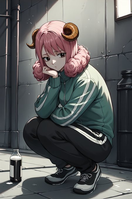 score_9, score_8_up, score_7_up, score_6_up, BREAK 1girl, solo, <lora:NSAriesFairyTail:1> NSAriesFaiTai, sheep horns, pink hair, medium hair, hair curls, expressionless face, tracksuit, bottle of milk, alleyway, squatting, grayscale, dim lights