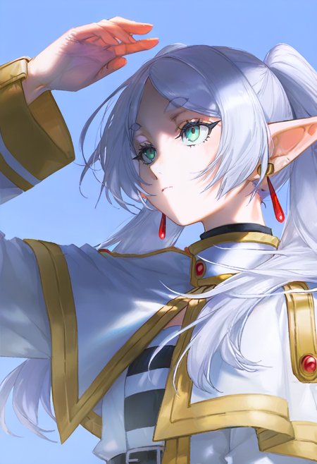 frieren, 1girl, solo, jewelry, earrings, pointy ears, twintails, shading eyes, long hair, white capelet, green eyes, long sleeves, upper body, capelet, looking up, white hair, closed mouth, wide sleeves, blue background, arm up, bangs, elf <lora:quasarcakeXL_NBVP1_lokr_V6311P:0.95>
