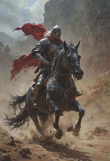dramatic and intense scene, a valiant knight in full armor charging forward on a powerful black horse across a dusty battlefield, the knight holding a tattered black flag emblazoned with a royal crest, In the background a medieval castle looms against the barren, rocky landscape, high stakes and fierce conflict, Dust billows around the charging horse, emphasizing the speed and urgency of the scene, <lora:MJ52:0.6>, <lora:EpicF4nta5yXL:0.8>, <lora:add-detail-xl:1>, <lora:zavy-cntrst-sdxl:1>