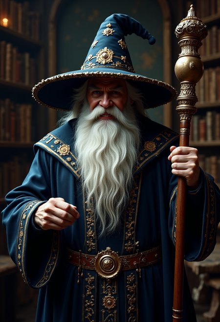 Mustrum Ridcully, broad-shouldered, imposing, rugged face, jovial expression with a hint of ferocity, thick bushy eyebrows, grizzled beard, grand wizard robes in rich dark blue and gold trim, embellished with intricate magical symbols, wide-brimmed wizard hat, holding a heavy ornate staff, outdoorsy vibe, a blend of wisdom and stubbornness, exudes confidence, humorous authority, grand study background with ancient books, magical artifacts, cozy cluttered atmosphere