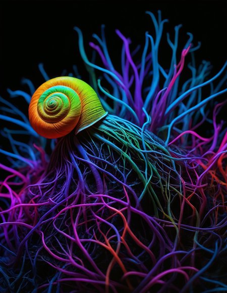 super realistic neon color snail roots flow, colors contrast, sharp focus and highly detailed artistic nature photography, best quality, dim light, <lora:fenn_neoncolor:0.6000000000000001>