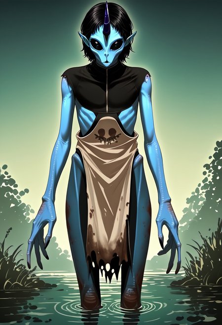 ((Alien humanoid)),
((Alien species)), solo, androgynous, aquatic features 
blue skin, ((webbed hands)):1.4,
((No nose)):1.3, ((nostrils only, nostril slits, vertical nasal slits, narrow nostrils)):1.5, ((narrow eyes)), ((black sclera, black irises)), smooth skin,  pointy ears, small ears, tiny ears, holes in skin, forehead horn, short horn, veiny horn, ((single horn)):1.0, ((4 fingers)), fingernails, thin lips, ((black hair)), ((short hair, spiky hair)), sharp teeth, digitigrade legs, bent legs,
full body shot
ragged clothes, muddy clothes, loincloth, tunic, dirty
Medieval style, fantasy style,
((Variety)):1.2
((dutch angle, 3/4 view))
river background
fully clothed, loose clothing, clean lines, smooth colors, detailed fingers, sfw, source: realistic, rating: pg, score: 8 up, score: 9