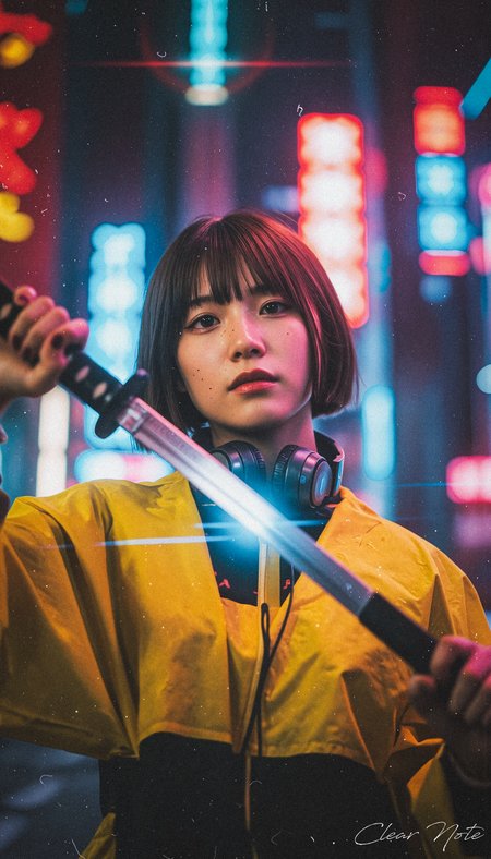 Japanese Culture Style, Emotional Photos, 35mm film, Neo Photorealistic Art Style, Futuristic cityscape, Young Japanese Woman, Wearing futuristic techwear, Neon Street, Holding a katana, Headphones around the neck