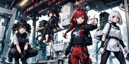 girl,  black hair, squatting,  (mega twin drills) <lora:n15g_aio_hairstyles-1.0:0.85> (hime style) ,  <lora:urbansamuraiv3testing:0.8> techwear jacket, black gloves, tactical vest, with buckle and tape 
BREAK
girl, blonde hair, sitting , front, looking at viewer, brown hair, (mega side ponytail), 
BREAK
girl, red hair, standing, pointing,  (single braid), 
BREAK
girl white hair, standing, , standing, (sliced bob),
