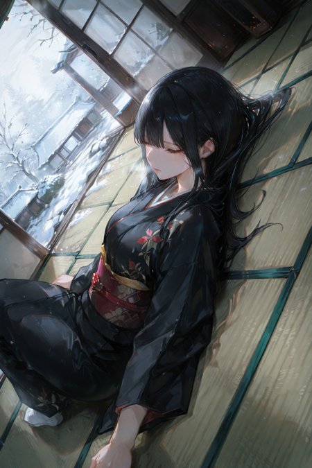 artist:, masterpiece, newest, very aesthetic, very awa, absurdres, highres, 1girl, long straight black hair, looking outside, black kimono, lying on tatami, indoor, on back, sick, exhaust, snowy outside, view from above, dutch angle, hands on ground