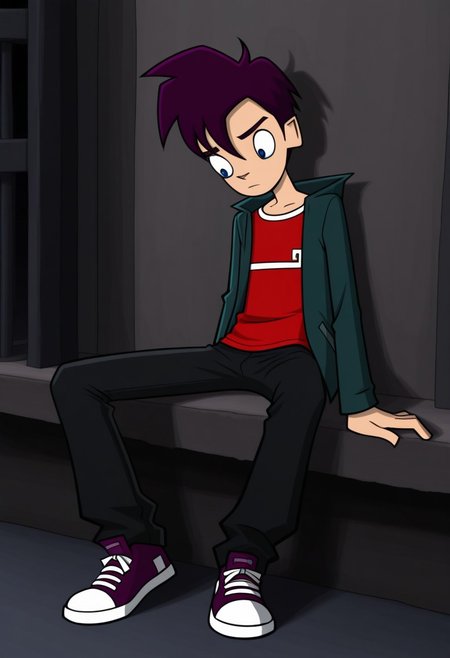 masterpiece,best quality,amazing quality, 
RandyCunningham, 1boy, male focus, solo, blue eyes, purple hair, shirt, red shirt, jacket, green jacket, open jacket, pants, black pants, shoes, sneakers, purple footwear,
sitting,