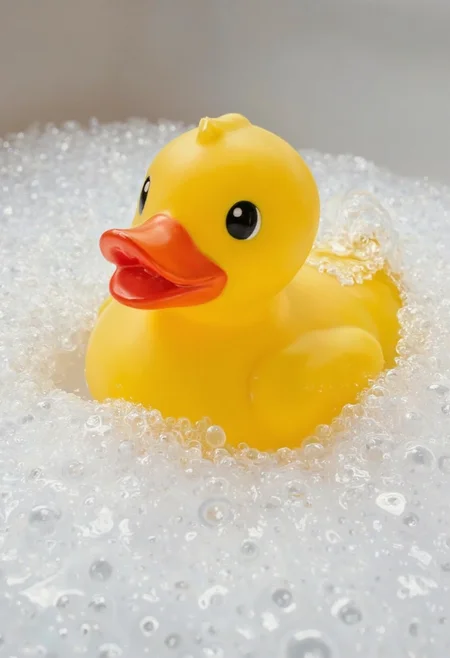 photorealistic painting of a rubber duck floating in a tub, surrounded by heaps of foam, very detailed foam showing glistening bubbles, detailed rubber surface with slight scratches, soft light <lora:hyperrealism-000103:1>