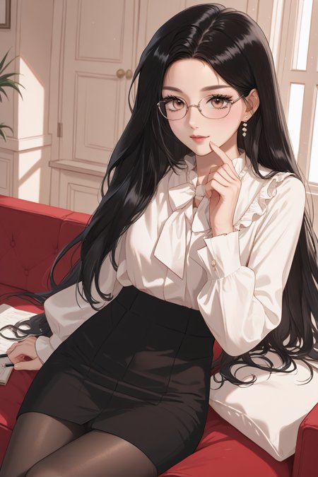 score_9, score_8_up, score_7_up, score_6_up, source_anime, BREAK, <lora:Zheng Shuyi-PonyXL-lora-Faxtron:1> zheng shuyi, black hair, long hair,  <lora:0906 Home wear 6_v1_pony:1> ruanyi0906,black pantyhose,black skirt,blouse,glasses,long sleeves,white shirt,
