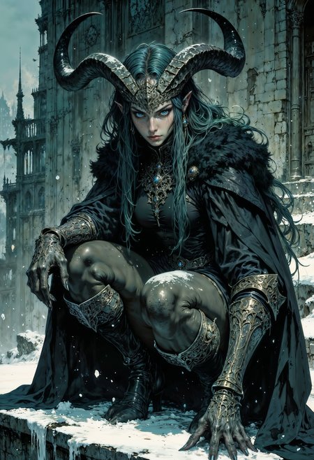 a fantasy character with a dark, mystical theme. The character is a humanoid with long, dark green hair and large, curved horns adorned with intricate patterns. She has pointed ears and a pale complexion, with a serious expression on her face. Her attire is dark and gothic, with detailed armor-like gloves and a fur-like cloak. She is crouched on a snow-covered ledge, with snowflakes gently falling around her. The background suggests an urban setting with industrial elements, adding to the contrast between the character's mythical appearance and the modern environment. <lora:FluxMythR3tr0Style:0.8> <lora:Elden_Ring_-_Yoshitaka_Amano:0.75> <lora:FluxMythG0thicL1nes:0.4> <lora:ck-painterly-fantasy:0.2> <lora:flux.1_lora_ink-dynamic:0.2>