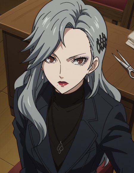 score_9, score_8_up, score_7_up, source_anime, <lora:sae-niijima-s1-ponyxl-lora-nochekaiser:1>, sae niijima, long hair, hair ornament, brown eyes, grey hair, makeup, lipstick, mole under mouth, red lips, medium breasts, mature female, anime screencap, long sleeves, jewelry, jacket, earrings, pants, necklace, coat, turtleneck,, salon, chairs, mirrors, scissors, beauty, , from above,, looking at viewer, solo,, dutch angle, cowboy shot