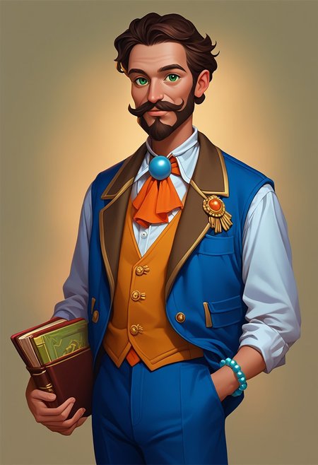 score_9, score_8_up, score_7_up, mgas, masterpiece, best quality, detailed eyes, detailed face, perfect eyes, high detailed, absurdres, highres, casual game art, mobile game art, merge 3 game art, character design, BREAK, 1boy, man, ((elderly)), solo, green eyes, (dark brown hair with gray strands), (beard and mustache with white hairs, short hair), (gold monocle with chain), white shirt under jacket and vest, orange tie, blue vest with one button over shirt, brown jacket under jacket and shirt, brown lapel, ((brooch in the form of a yellow shell with a blue pearl on the right lapel)), (dark orange patch on elbow), dark blue trousers, BREAK (the right hand holding the edge of the jacket, the left hand holds a yellow book with a red and green bookmark), the arms are bent at the elbow, standing, cowboy shot, semi-sideways, half-sideways, looking at viewer, BREAK simple background, blurred background, gradient on the background
