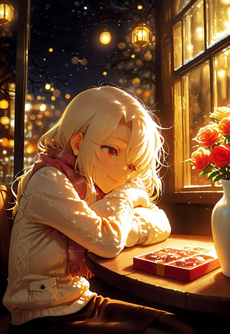HDR, 8K, Ultra HD Wallpaper, 2.5D, high contrast, masterpiece, best quality, amazing quality, very aesthetic, ultra-detailed, absurdres, newest, scenery, BREAK, stunning stylized portrait, (from the side, waist-up shot, focus on character:1.4), fisheye lens effect, Illyasviel Von Einzbern from Fate Grand Order, 1girl, solo, gorgeous face, petite figure, fair porcelain skin, flawless complexion, long hair, white hair, red eyes, (elegantly sitting in a cozy café at night, head resting on one hand, gazing outside the window, soft smile, waiting for someone:1.5), (gentle snowfall outside, condensation on the window from the warmth inside:1.3), (cozy and stylish winter outfit: plush fur-trimmed coat, thick wool scarf wrapped snugly, layered knit sweater, elegant wool skirt, fluffy mittens:1.4), (indoor, nighttime, warm café ambiance, snowfall outside, soft glowing lights, a box of chocolates on the table, a vase of roses on table, floating Valentine hearts subtly integrated into the scene:1.3), (soft and warm romantic lighting, cinematic glow:1.2), intense color contrast, intricate details, chiaroscuro lighting, sharp focus, cinematic framing, romantic ambiance, highly rendered, photorealistic, bokeh light effects, volumetric lighting, dappled light, light particles, dramatic shadows, depth of field, intricate textures, cinematic color grading, vibrant colors, ethereal beauty, IBG.